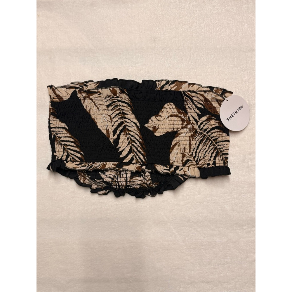 Women's SHEIN Plus 1X Black Beige Leaf‎ Print Bandeau Top NWT